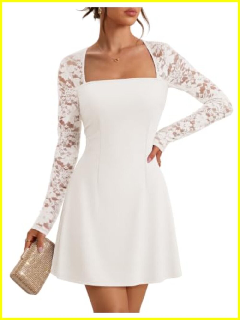 Lace Long Sleeve Cocktail Wedding Guest Mini Dress Square Neck A-Line Slim Fit